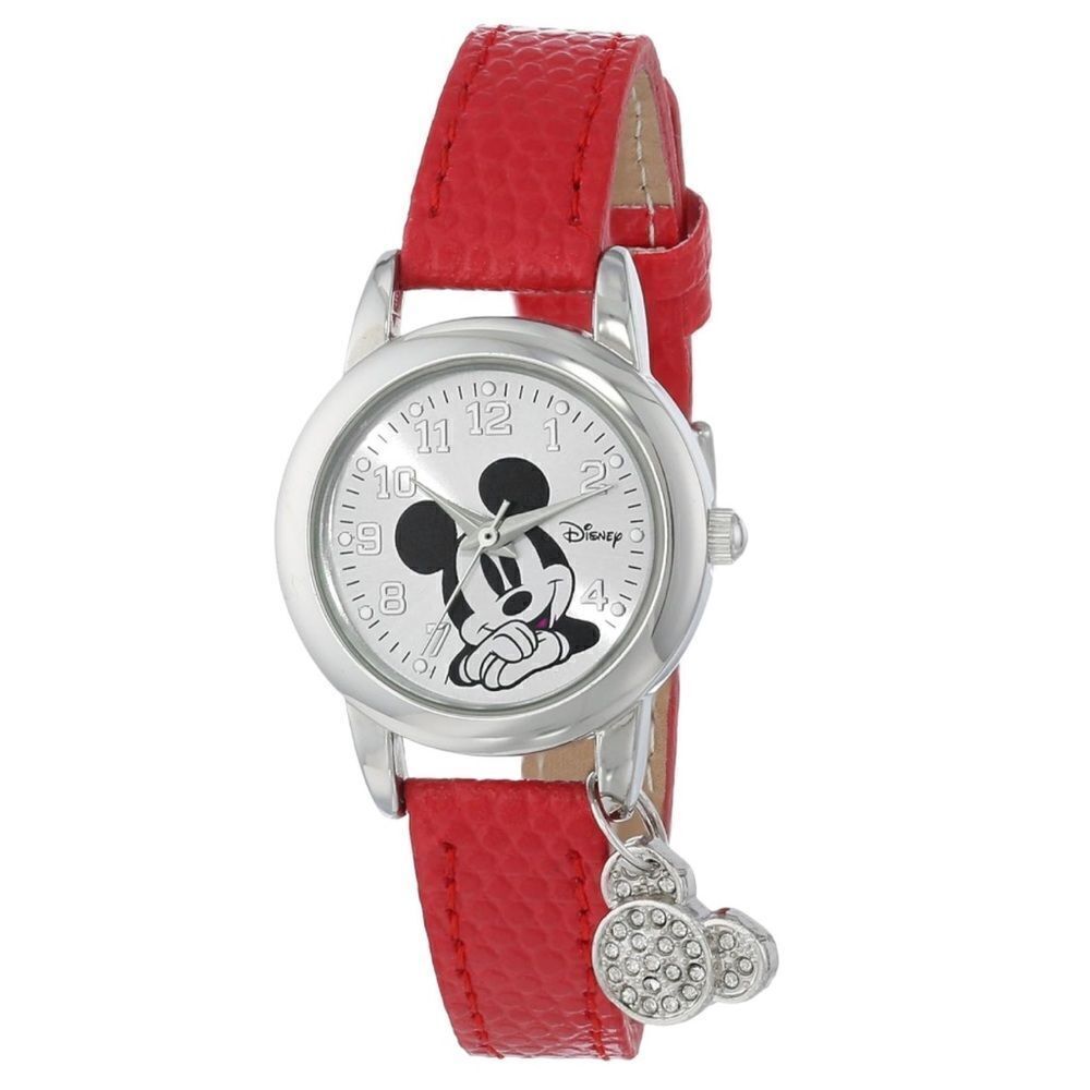 Silver and Red Women's Disney Mickey Mouse Crystal Charm Watch